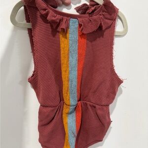 Ruffled Burgundy Kids Romper with Colorful Stripes